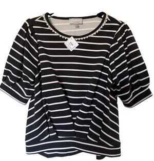 Cupio Blush Women's Black White Striped Pearl Neck Top Short Sleeve Medium NWT